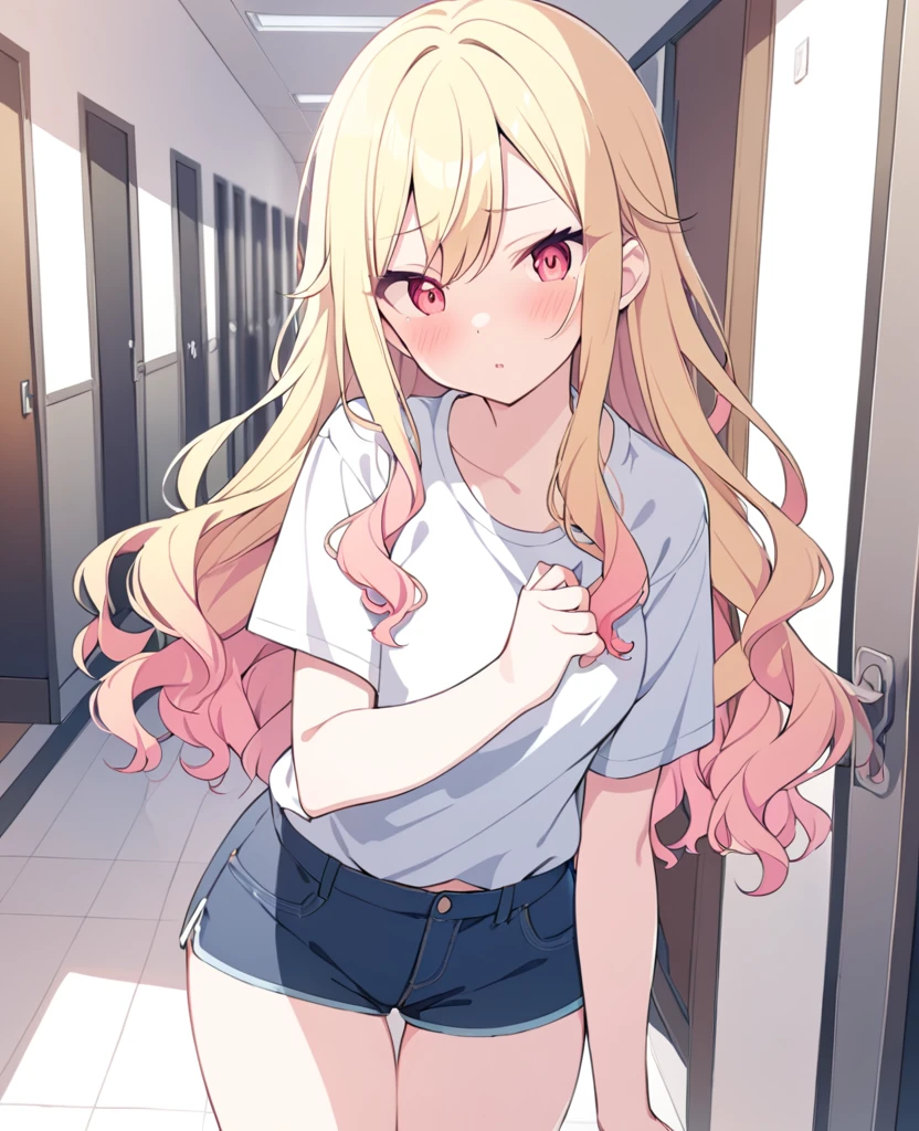 One girl,alone,Tenma Saki, body type,Yellow Hair,Red Eyes,project sekai,long hair,cute,cute,nsfw,shirt,corridor, open vagina