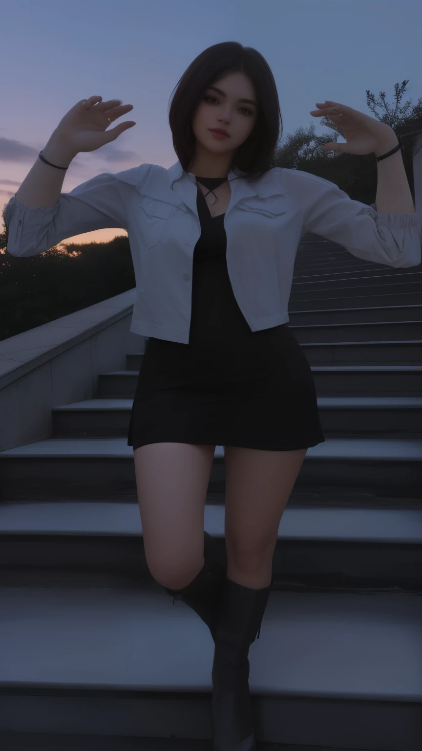 there is a woman who is standing on some steps, vestimentas photo, at night, em vestimentass! highly detailded, evening, soft evening lighting, Late in the evening, Full-body close-up, pose casual, vestimentas photograph, highly_detailded!!, vestimentas: Policerman, succubus in tight short dress, full body shot hyperdetailded, far - half shot
