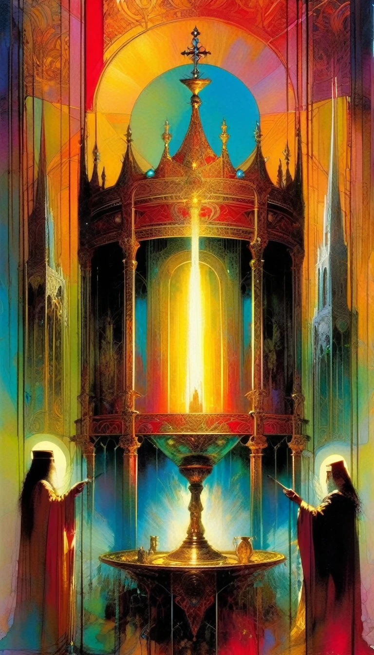 the holy grail, luxurious,, work inspired by Bill Sienkiewicz, vivid colors, intricate details, oil.