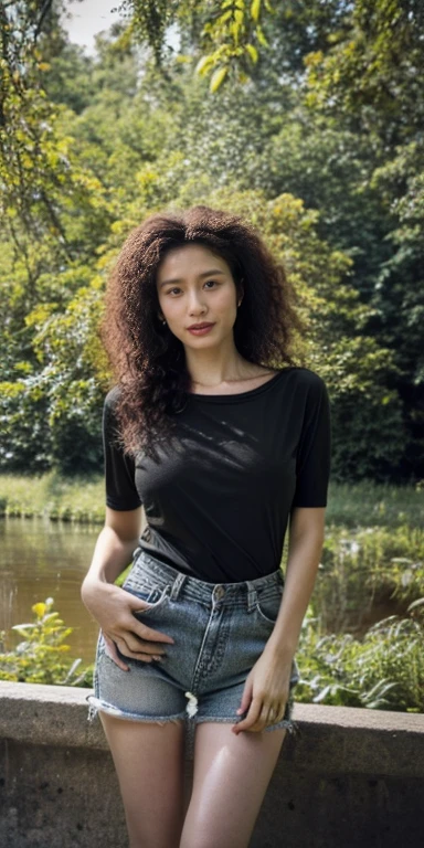 (Full body portrait), (best quality), (high resolution), detailed, (Complex detail 1.2), (Hyper detailed 1.4), (Perfect body:1.2), Realistic,Photography Art, 1 Girl, Small Breasts, Solitary, Very curly hair, (Black shirt:1.3), Denim shorts, (forest、riverside:1.2) Long legs, High heel