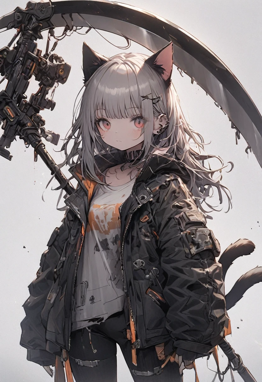 Detailed silhouette of a cyberpunk girl with cat ears and a tail, wearing a flowing, tattered coat, holding a huge scythe that includes a mechanical cat design, standing on a glossy, reflective surface with a minimalistic, soft gray background.