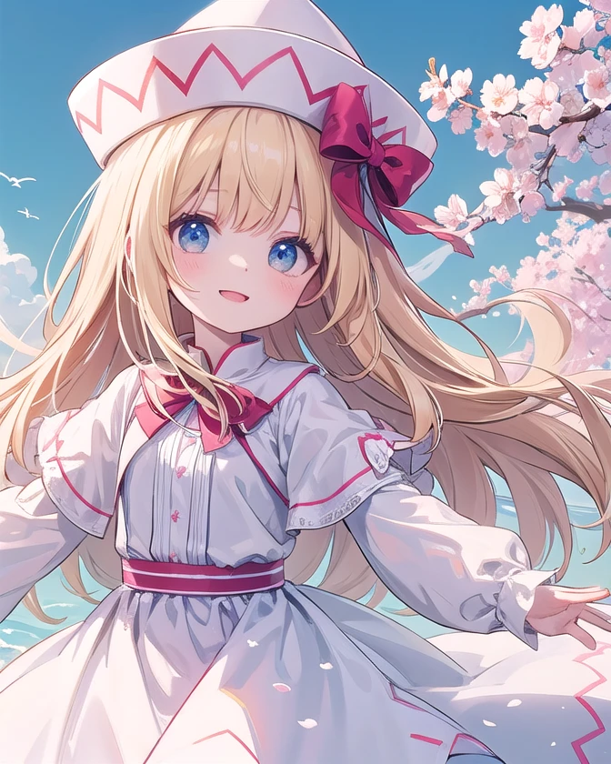 masterpiece, best quality, lily white, long hair,blonde hair,white hat with red pattern,ｐerfect lighting,white dress,white sleeves,blue eyes,wings, standing,detailed clothing 1:2,cherry blossoms, blue sky,clear sky,spring \(season\),flat chest,looking at viewer,spread arms1:2,A big smile,Close-up,fun