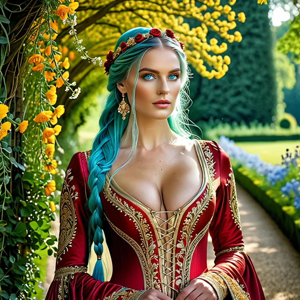 Generate a (hyperdetailed, realistic, Full Body), photo of Nia, (((turquoise color eyes))), (((long, silky, straight, Ombre blend of shimmering silver and celestial blue hair))), (((Position Nia with her long, silky hair styled in an elegant, low bun with sections of hair intricately braided and pinned back, adorned with small, delicate flowers woven into the braids))), (fair skin:1.4), (((Massive round natural breasts with deep cleavage))), (Massive round natural Breasts:1.8), (Greek and Russian mix ethnicity), (hourglass figure, perfect body, NSFW, perfect anatomy, masterpiece, best quality).(((She is wearing a flowing, floor-length Golden color medieval-style dress in rich Crimson Red jewel tones, the soft fabric complementing her curves. The dress features lace-up details, long sleeves, and intricate embroidery))) Nia strolls through the castle gardens, stopping to admire the vibrant flowers and lush greenery. Her medieval dress contrasts beautifully with the natural surroundings, and her braided hair with small flowers adds to the romantic, historical feel. The sunlight filters through the trees, casting dappled shadows on the path. She is wearing a flowing, floor-length Golden color medieval-style dress in rich Crimson Red jewel tones. 8k, (Fit, Athletic, Tall), (Massive Breasts), (Highly detailed facial and skin texture), (Best quality, ultra detailed, Golden ratio, Masterpiece:1.2), (Theatrical lighting:0.7, Perfect rare face), (Highly detailed skin), skin texture, Pale skin, shiny skin, (thin, large size:1.2), [:(Sharp focus on rare face, perfect eyes:1.2):0.2], hyperdetailed photography, UHD, realistic skin texture, shot with Canon EOS 5D Mark IV and Canon EF 50mm f/1.4 USM lens, highly detailed.
