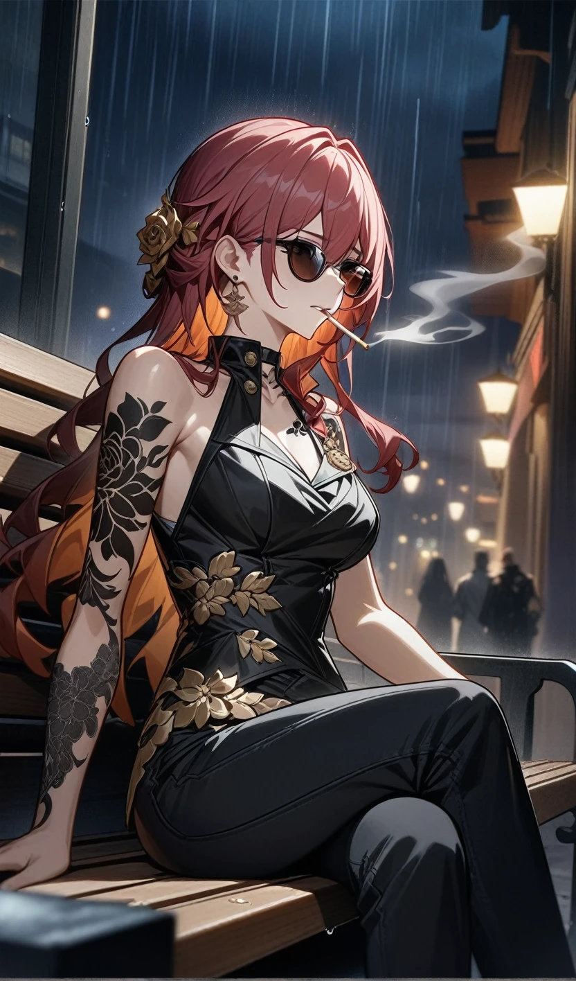 himeko from honkai star rail,tattoo on the neck and arm,wear black modern T-Short and black modern jeans,sunglasses,Sitting on a bench,smokes a cigarette,cigarette smoke, sad face, depress, night ,rain, (best quality), ultra high res, professional artwork, ultra detailed, intricate, detailed face,
