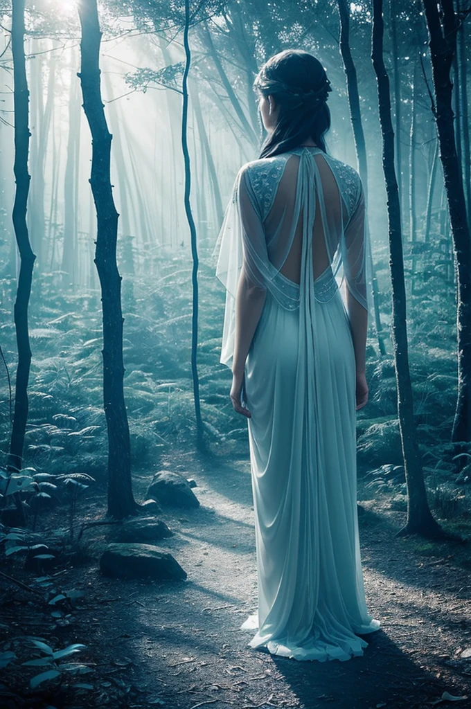 An ethereal landscape that represents limbo, with soft shades of blue and white, evoking a mystical atmosphere, supernatural, in the forest with butterflies and spiritual.
 A female figure from behind, looking towards the horizon with an expression of determination and hope.
Flashes of light and shadows intertwined, symbolizing internal conflict and the path to clarity