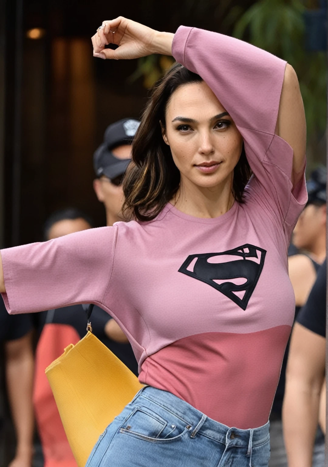  high quality random  paparazzi photograph  (GalGadot  , mother, slim fit figure, flat breast , random angle, broad shoulders, oily skin, erotic angle, ) random erotic photograph , she is wearing a tshirt, walking on beachside streets  , random move ,seductive, tired woman   ( depth of field, insanely detailed skin texture, ultra  detailed face, hyper detailed features )