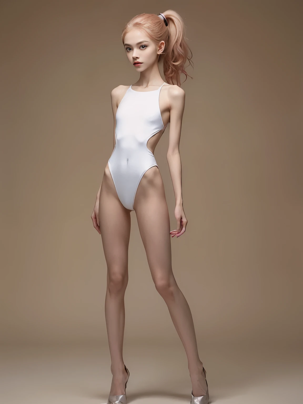 laos teen rhytmic gymnast girl, 1 girl, 18 (very slim anorexic slender skinny body:1.4); skinny,thin thighs, tall (160cm) ,(flat chested), (tiny breast), (Extra small breast) (anorexic body), full body shot, long legs in the picture, anorexic super thin model body, skinny anorexic ballet model, ballet model, ((looking at viewer)), shiny tight red latex extreme high cut one piece swimsuit, the model is standing , front shot, (pale skin), (big eyes), face forward, blond pink hair (long shiny ponytail hair) , (looking at viewer:1.3) very slim, (small breasts), luxury terasse, sea, sunny, black 12inch high heels