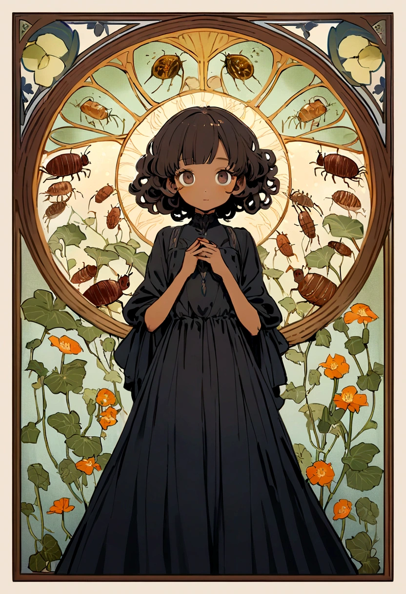Imagine a vibrant art nouveau poster, framed in insects, isopods, and nasturtium flowers. At the center, a woman with an androgynous face is in the spotlight, wearing a black gown that flows gracefully to the floor. Her natural 4c curly hair is styled in a pixie cut. She has dark brown eyes and wears glasses. She has a cute expression on her face. Her skin is a light olive tan. 