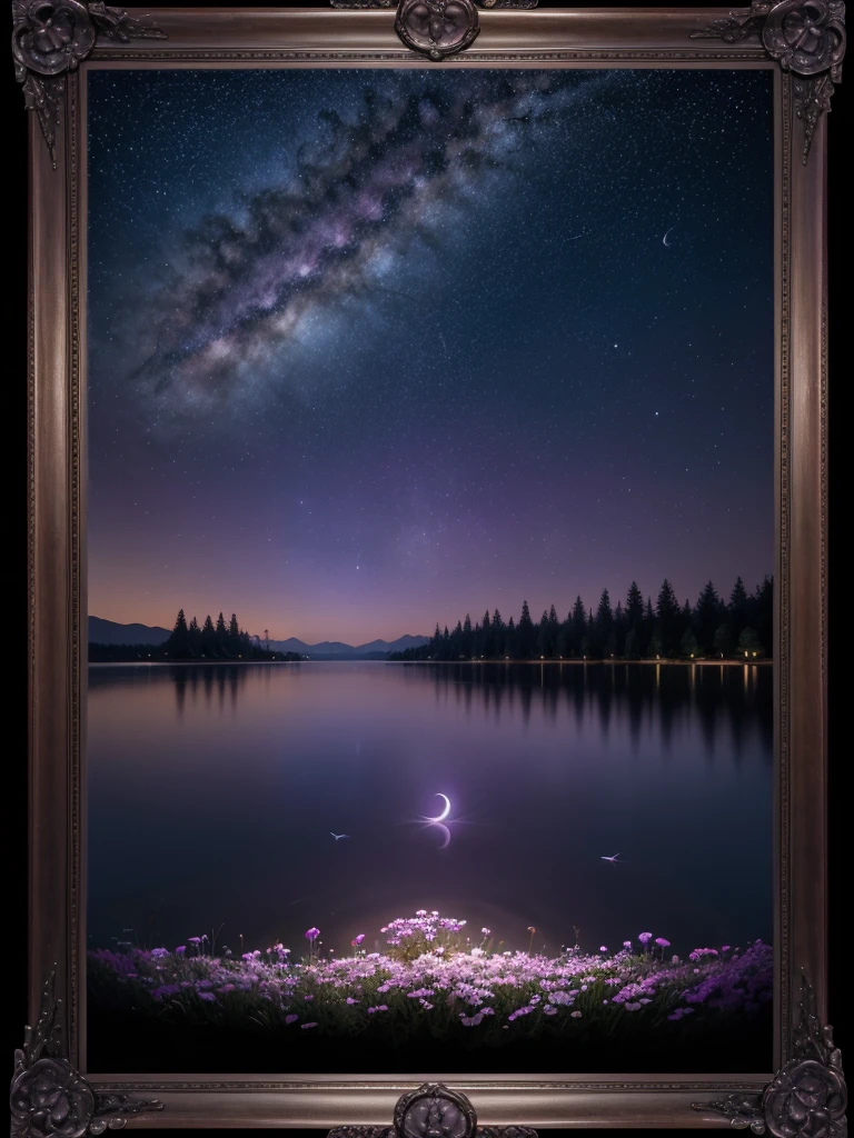 a frame of an art painting with purple and white flowers with a lake around it, background a night sky with stars crescent moon, nebula, tree of life yggdrasil