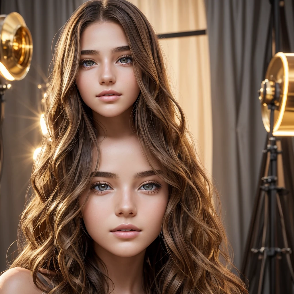 Create a highly realistic image of a 19-year-old virtual influencer named Lila Harper. She is young, with a symmetrical face, harmonious features, large expressive eyes, flawless and glowing skin, and long wavy light brown hair with golden highlights. Lila is posing artistically in a creative setting, such as a studio with interesting lighting and props.