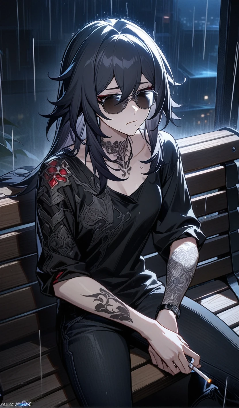 selee from honkai star rail,tattoo on the neck and arm,wear black modern T-Short and black modern jeans,sunglasses,Sitting on a bench,smokes a cigarette,cigarette smoke, sad face, depress, night ,rain, (best quality), ultra high res, professional artwork, ultra detailed, intricate, detailed face,