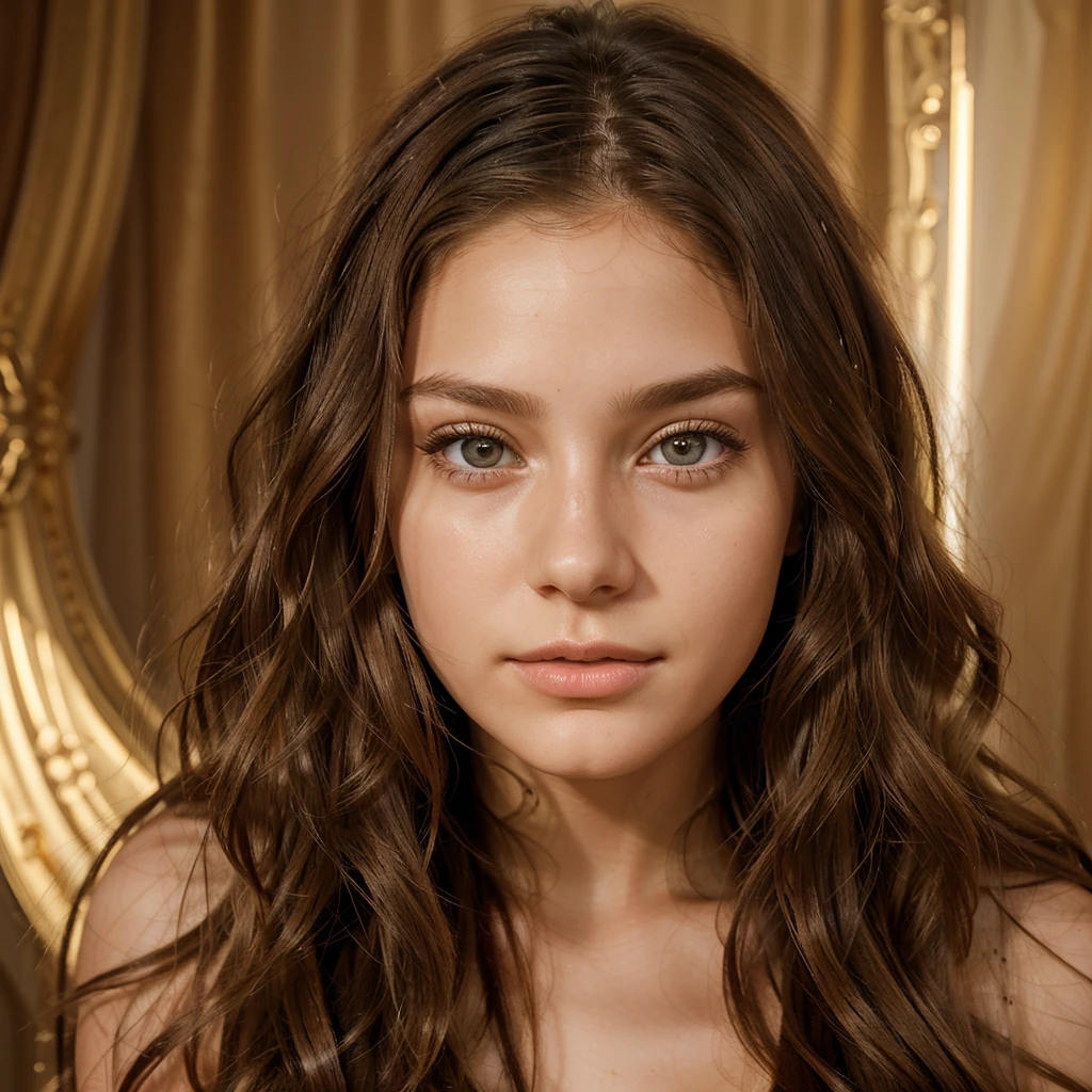 Create a highly realistic image of a 19-year-old virtual influencer named Lila Harper. She is young, with a symmetrical face, harmonious features, large expressive eyes, flawless and glowing skin, and long wavy light brown hair with golden highlights. Lila is posing artistically in a creative setting, such as a studio with interesting lighting and props.
