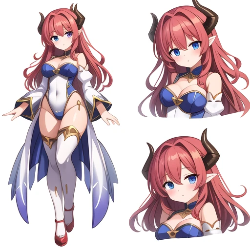 masterpiece, best quality, cute eyes, 1girl, solo, high fantasy costume, ((white background)), full body, multiple views, leotard, succubus, dragon horn, detached sleeves,