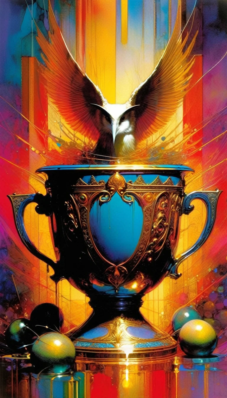 the holy grail, luxurious cup,, work inspired by Bill Sienkiewicz, vivid colors, intricate details, oil.
