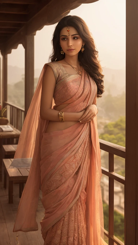 A photorealistic image of a stunning Indian woman, 25 years old, with an air of nobility and kindness. Her long, dark hair cascades down her back in voluminous waves, catching the soft light of early morning. She stands gracefully near a weathered wooden balcony, adorned with intricate carvings. The golden rays of sunrise bathe the scene in a warm glow, highlighting the dewdrops clinging to lush greenery glimpsed beyond the balcony. Her expression is serene, a hint of a gentle smile playing on her lips.• The woman wears a beautiful silk saree, its colors vibrant but elegant, reflecting the morning light.

• Traditional Indian jewelry adorns her ears and wrists, adding a touch of cultural richness.

• The wooden balcony overlooks a peaceful scene, perhaps a bustling city street awakening or a serene garden bathed in morning mist.Style:

• Photorealistic with soft focus on the background.

• Warm and inviting color palette.

• High attention to detail in the woman's attire and jewelry.