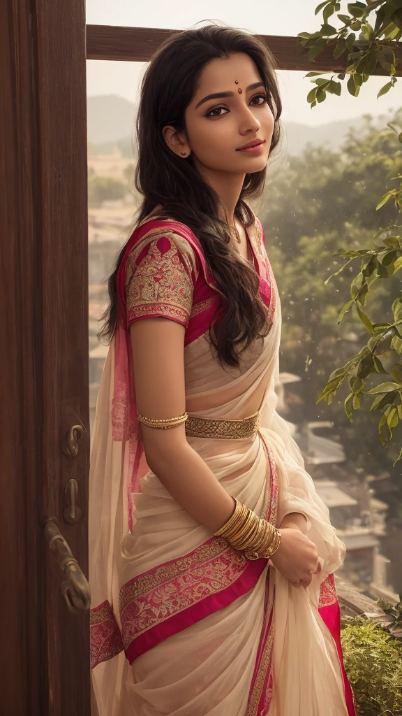A photorealistic image of a stunning Indian woman, 25 years old, with an air of nobility and kindness. Her long, dark hair cascades down her back in voluminous waves, catching the soft light of early morning. She stands gracefully near a weathered wooden balcony, adorned with intricate carvings. The golden rays of sunrise bathe the scene in a warm glow, highlighting the dewdrops clinging to lush greenery glimpsed beyond the balcony. Her expression is serene, a hint of a gentle smile playing on her lips.• The woman wears a beautiful silk saree, its colors vibrant but elegant, reflecting the morning light.
• Traditional Indian jewelry adorns her ears and wrists, adding a touch of cultural richness.
• The wooden balcony overlooks a peaceful scene, perhaps a bustling city street awakening or a serene garden bathed in morning mist.Style:
• Photorealistic with soft focus on the background.
• Warm and inviting color palette.
• High attention to detail in the woman's attire and jewelry.