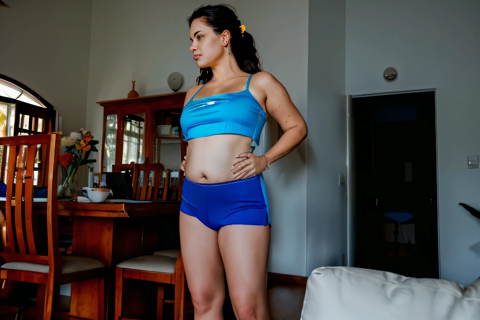there is a woman in a blue top and blue shorts standing in a living room, blue undergarments, sport bra and dark blue shorts, middle shot waist up, bright blue shiny lingerie, belly button showing, her belly button is exposed, shot on nikon d 3 2 0 0, wearing a camisole and shorts, 3 5 year brazilian mother, short robust woman