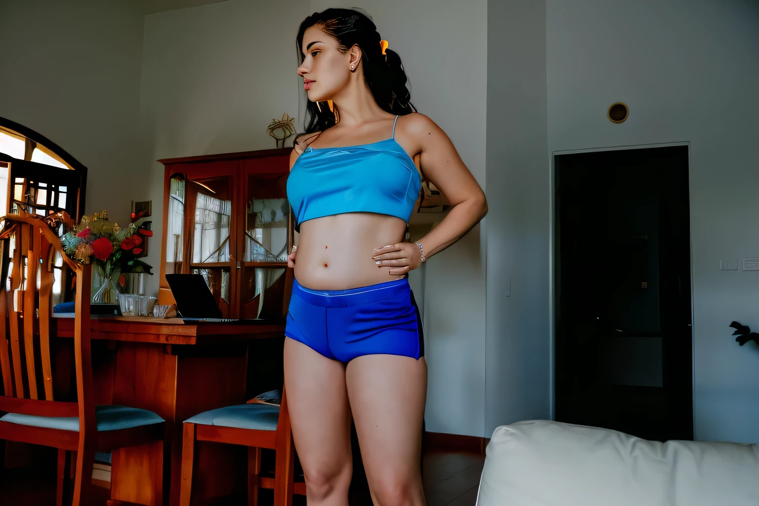 there is a woman in a blue top and blue shorts standing in a living room, blue undergarments, sport bra and dark blue shorts, middle shot waist up, bright blue shiny lingerie, belly button showing, her belly button is exposed, shot on nikon d 3 2 0 0, wearing a camisole and shorts, 3 5 year brazilian mother, short robust woman