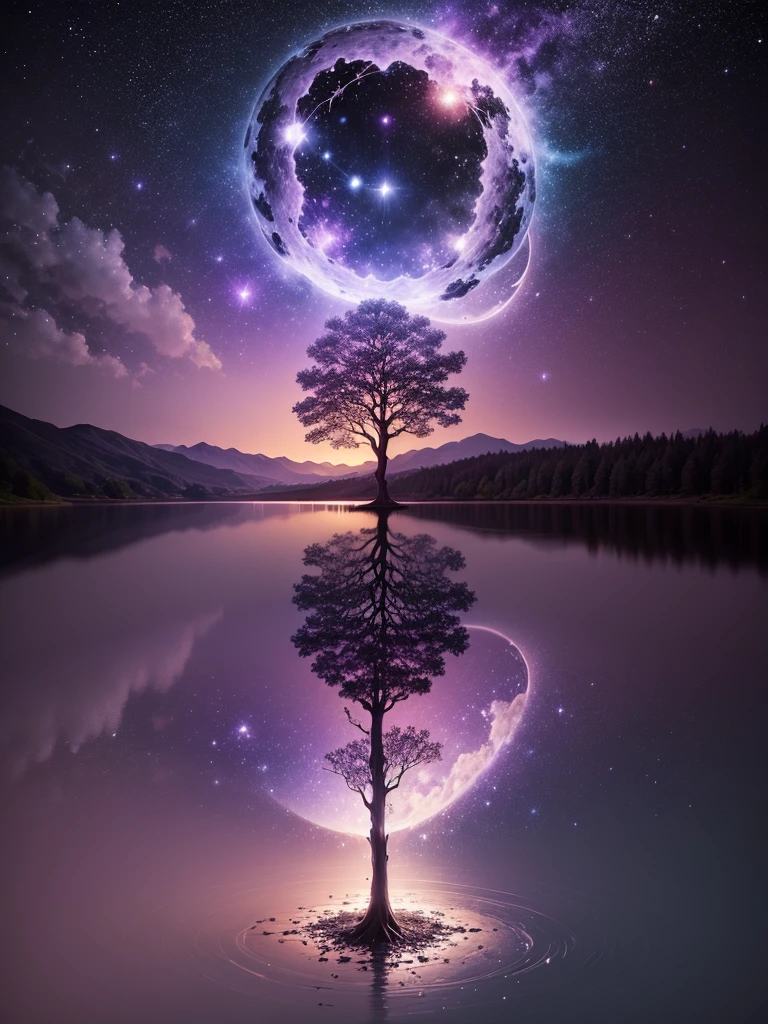 a frame of an art painting with purple and white flowers with a lake around it, background a night sky with stars crescent moon, nebula, tree of life yggdrasil