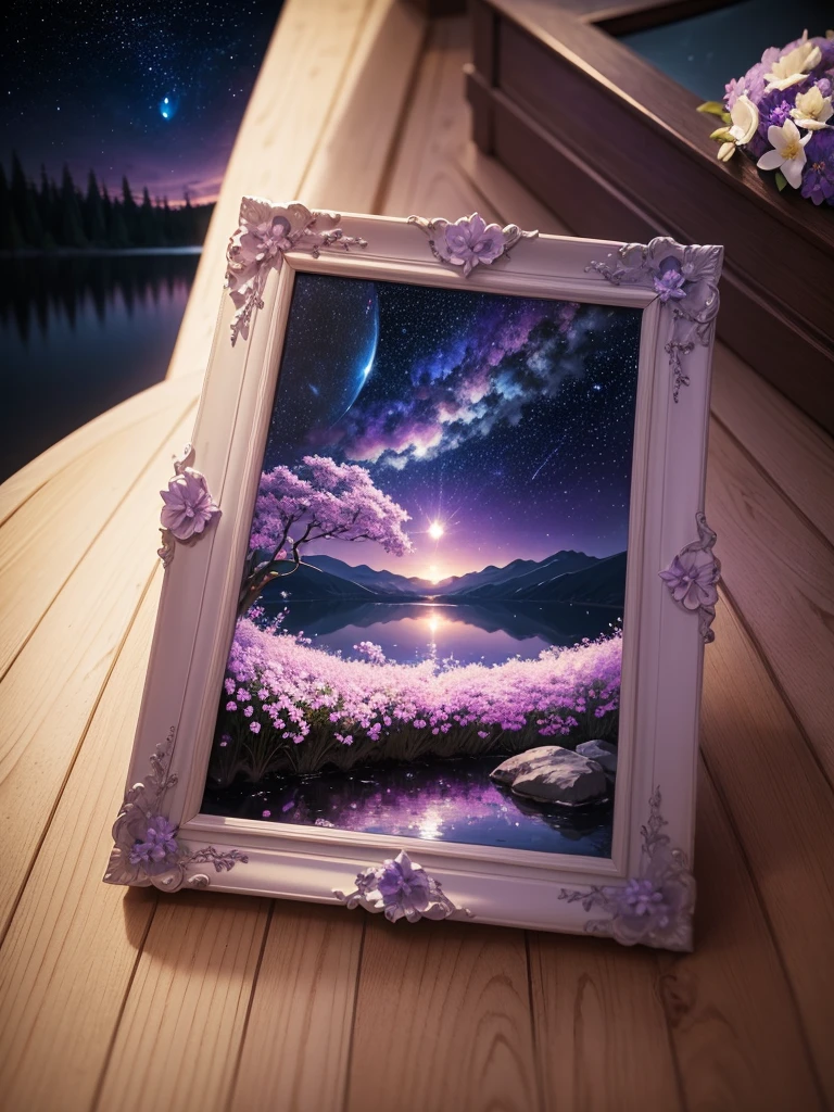 a frame of an art painting with purple and white flowers with a lake around it, background a night sky with stars crescent moon, nebula, tree of life yggdrasil