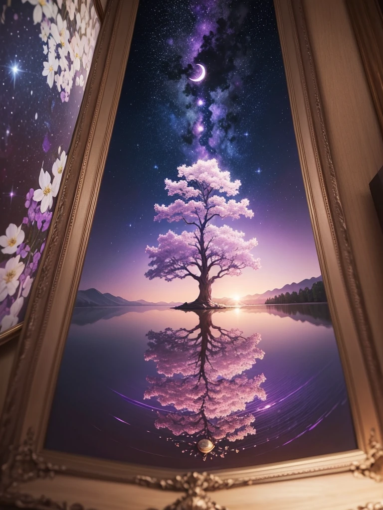 a frame of an art painting with purple and white flowers with a lake around it, background a night sky with stars crescent moon, nebula, tree of life yggdrasil