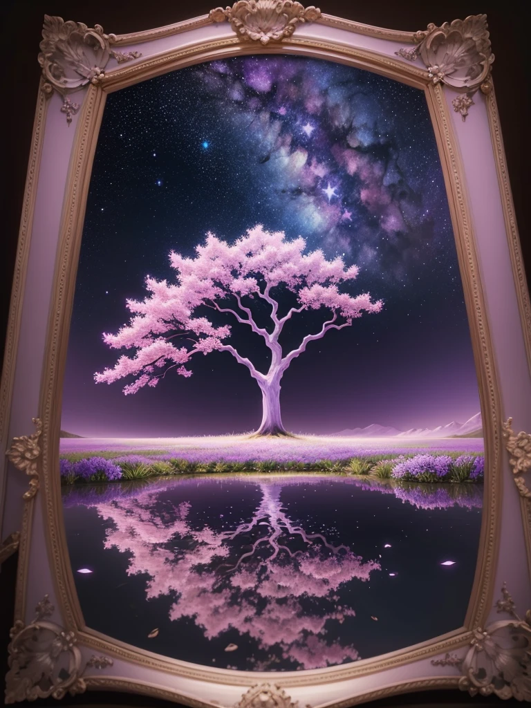a frame of an art painting with purple and white flowers with a lake around it, background a night sky with stars crescent moon, nebula, tree of life yggdrasil