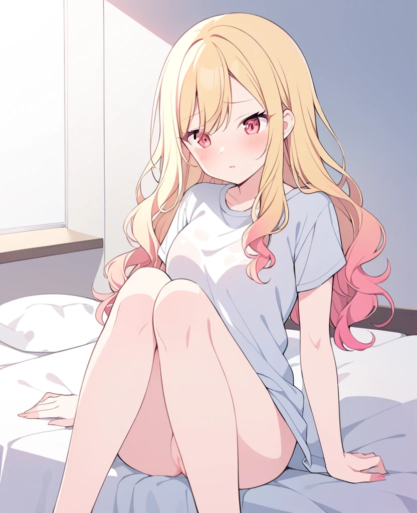One girl,alone,Tenma Saki, body type,Yellow Hair,Red Eyes,project sekai,long hair,cute,cute,nsfw,shirt,Bed,Sitting,open vagina,