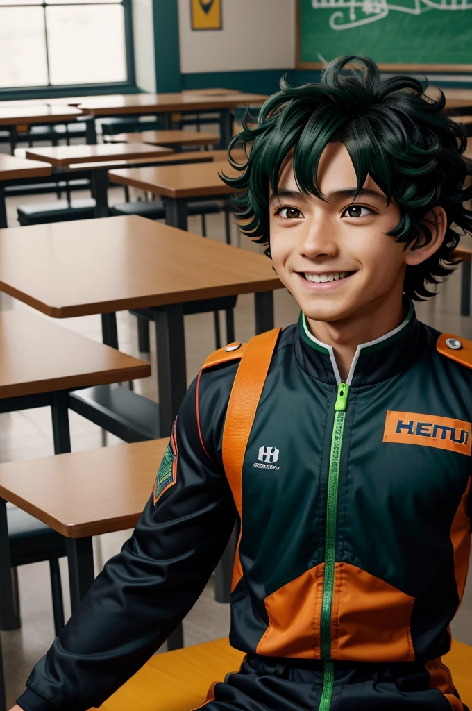 Atsuki Demataretsu Captura Pantalla de My Hero Academia. Curly hair boy, dark and long, with bangs. He has orange eyes with phosphorescent green and has a happy expression. He is wearing the UA uniform and in the background he has a school class with tables.
