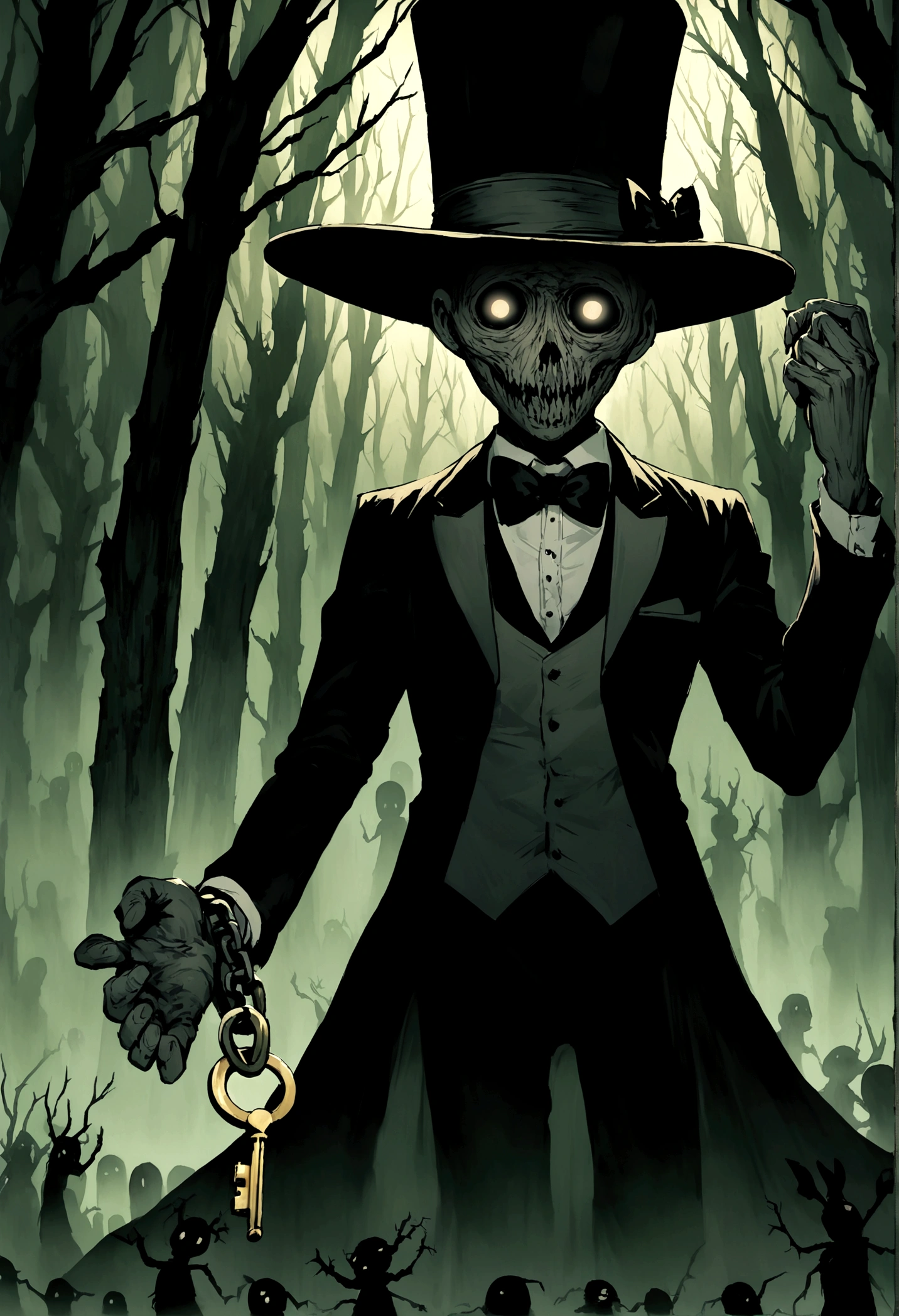 a character from horror stories, a scary-looking humanoid black rabbit, wearing a vest, bow tie and top hat, holding in his hand a chain with a gold key, scary and surrealistic full-length image, background of a dark forest, with large dead people trees.