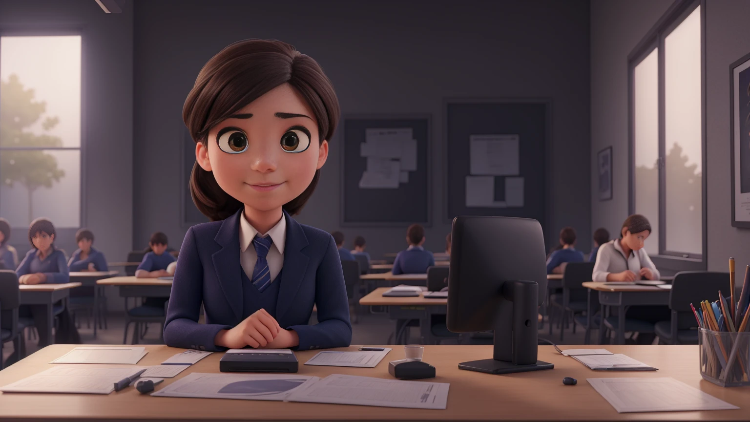 a flat screen monitor in a classroom with full of students, detailed realistic cinematic lighting, 8k, ultra detailed, photorealistic, hyper realistic, highly detailed facial features, detailed eyes and face, detailed clothing, detailed background, trending on artstation, digital painting, cinematic lighting, epic scale, dramatic lighting, moody lighting, warm colors, vibrant colors, soft lighting, intricate details, sharp focus
