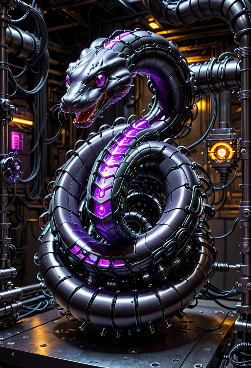A high-resolution image of a mechanical snake, intricately designed and powered by a glowing purple nuclear core. Its body is made of matte black metal segments, connected seamlessly. The snake is interlaced with wires, cables, and pipes running along its length, with visible gears and screws adding to its complexity. The background is a dark, futuristic industrial setting, with the purple glow from the nuclear core casting a subtle light on the snake’s matte black metal and intricate components. The scene exudes advanced technology and a sense of formidable power.