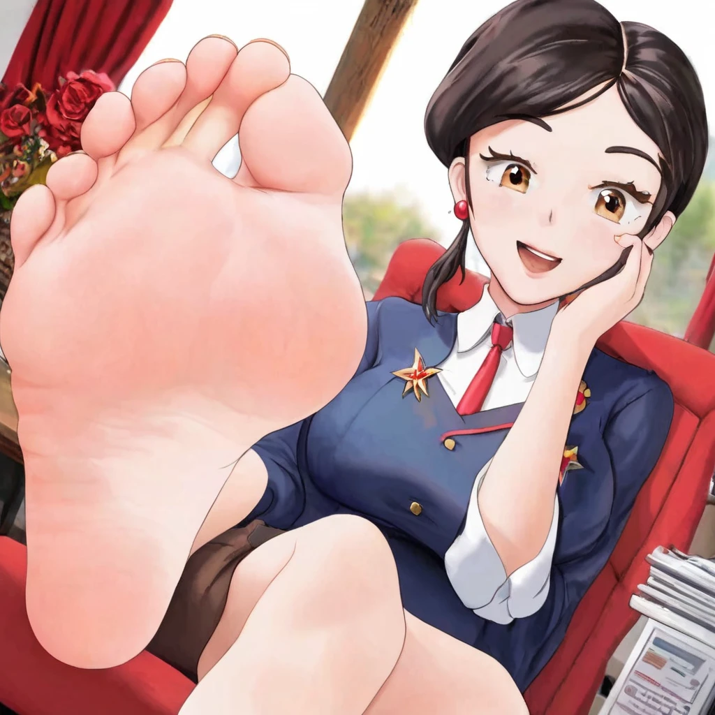 (masterpiece, best quality:1.2), 1girl, solo, (closeup foot: 1.4), (closeup breasts and face), (very cute tall mature girl: 1.1), big breasts, toes, (closeup foot toenails), (presenting foot: 1.1), feet, soles