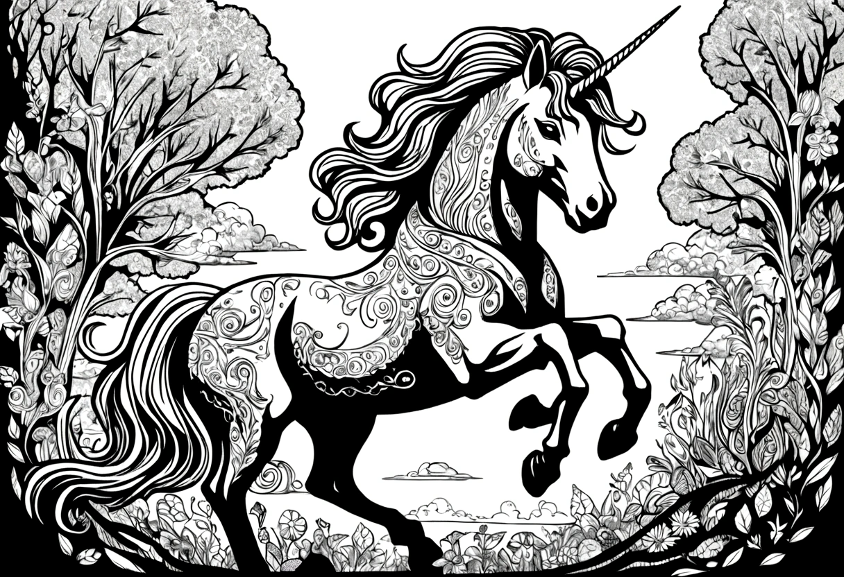 unicorn,Black and white line drawing,Line Art