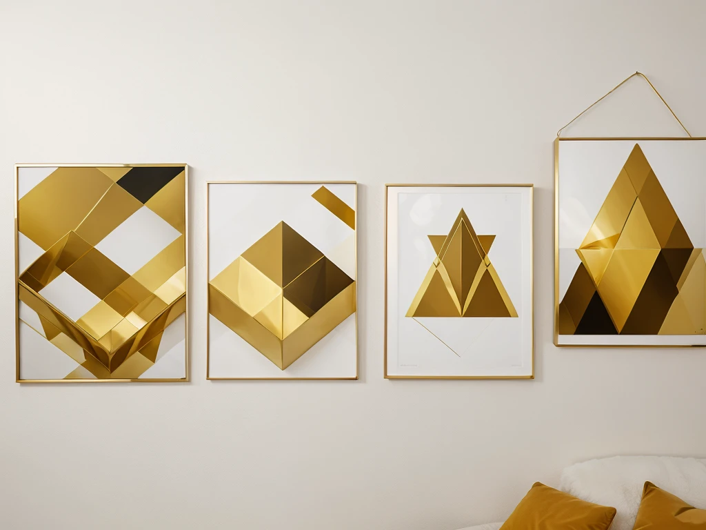 Set of three abstract posters with geometric shapes in gold frames, White background