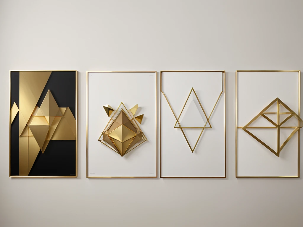Set of three abstract posters with geometric shapes in gold frames, White background