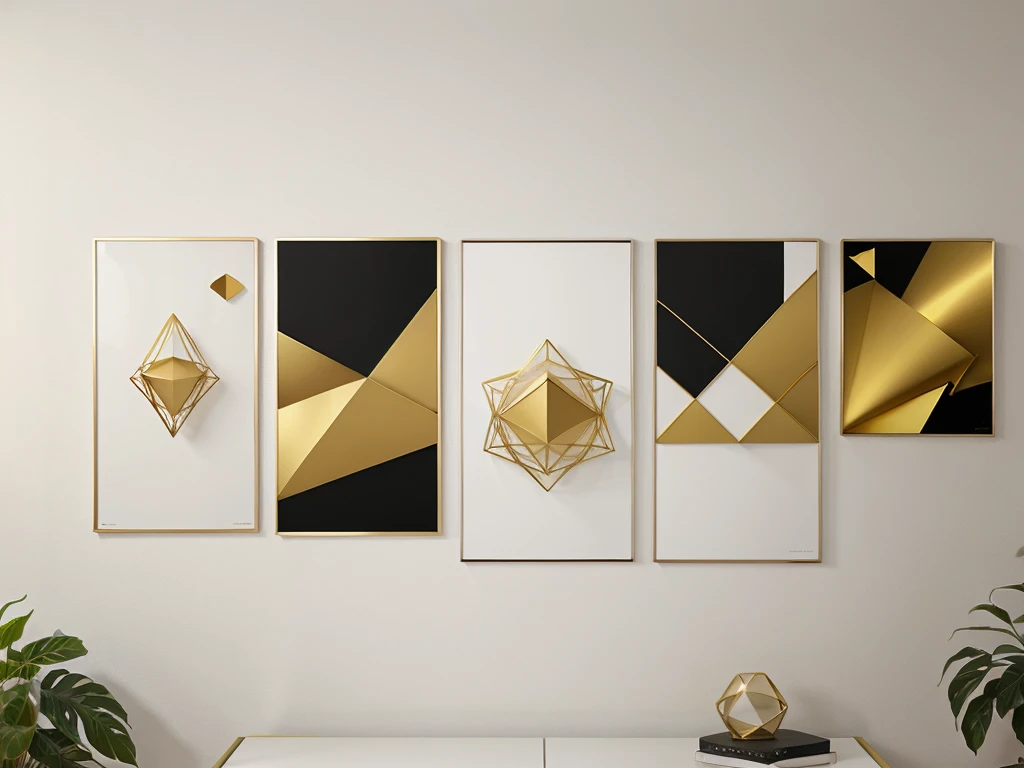 Set of three abstract posters with geometric shapes in gold frames, White background