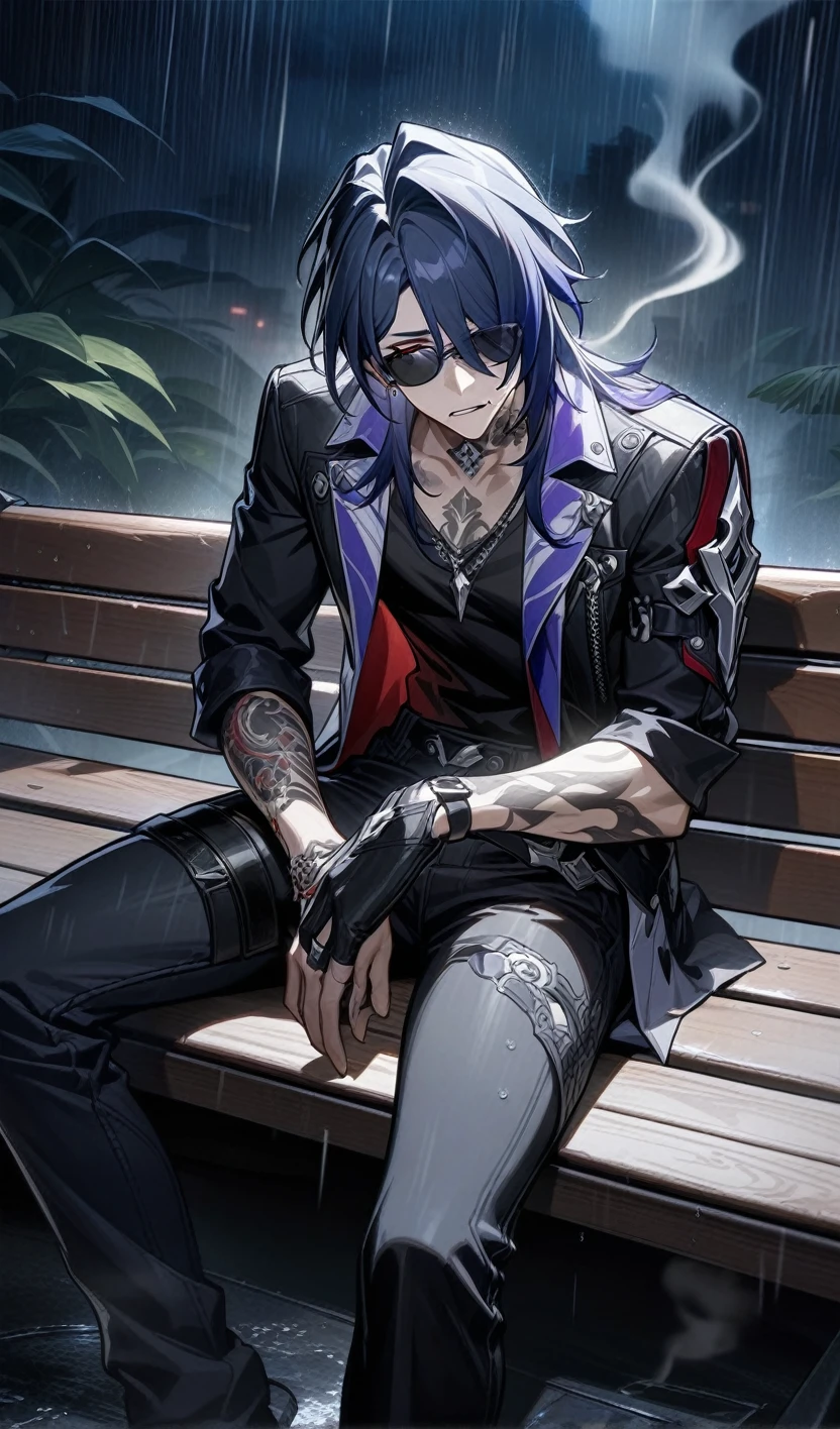 acheron from honkai star rail,tattoo on the neck and arm,wear black modern T-Short and black modern jeans,sunglasses,Sitting on a bench,smokes a cigarette,cigarette smoke, sad face, depress, night ,rain, (best quality), ultra high res, professional artwork, ultra detailed, intricate, detailed face,