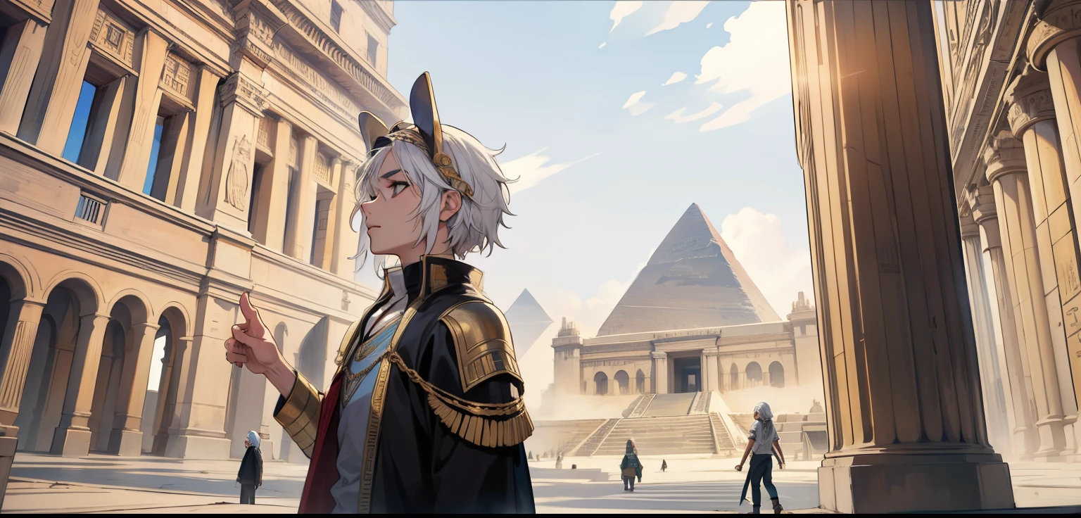There are three young people with white hair, there is an Egyptian palace and a pyramid. 