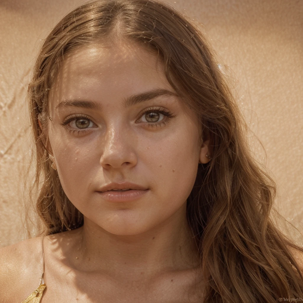 Create a highly realistic image of a 19-year-old virtual influencer named Lila Harper. She is young, with a symmetrical face, harmonious features, large expressive eyes, flawless and glowing skin, and long wavy light brown hair with golden highlights. Lila is posing artistically in a creative setting, such as a studio with interesting lighting and props.