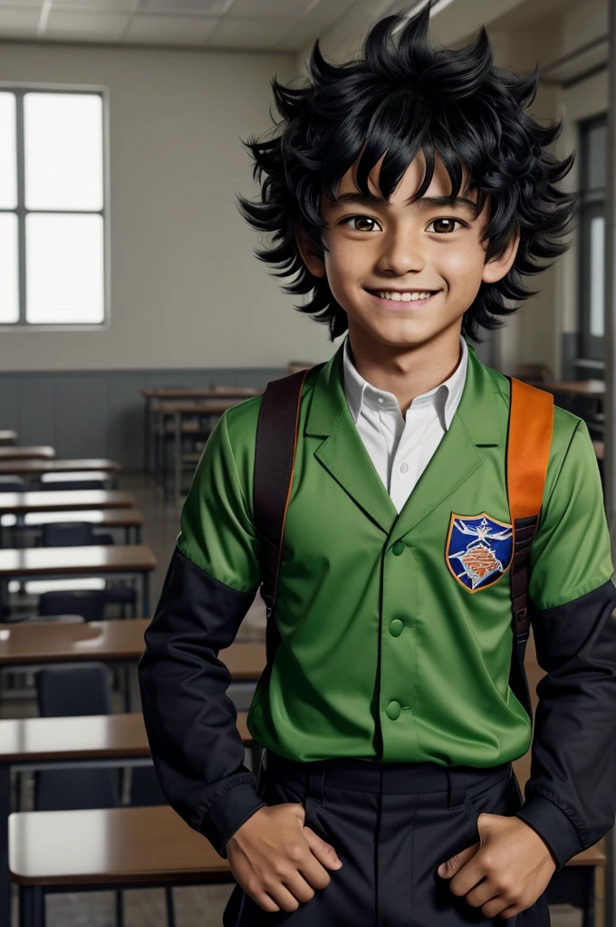 Atsuki Demataretsu Captura Pantalla de My Hero Academia. Curly hair boy, dark and long, with bangs. He has orange eyes with phosphorescent green and has a happy expression. He is wearing the UA uniform and in the background he has a school class with tables.