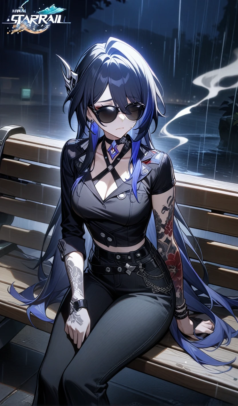 acheron from honkai star rail,1 girl,tattoo on the neck and arm,wear black modern T-Short and black modern jeans,sunglasses,Sitting on a bench,smokes a cigarette,cigarette smoke, sad face, depress, night ,rain, (best quality), ultra high res, professional artwork, ultra detailed, intricate, detailed face,