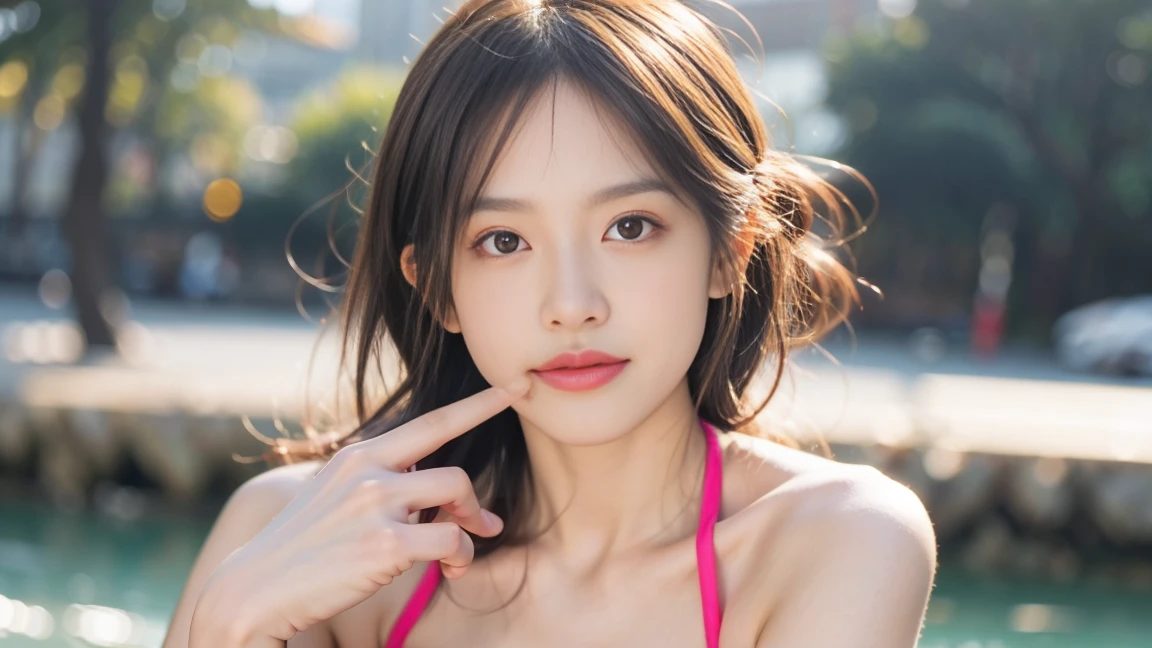、flirtatious bikini、Small breasts、whole body、Amazing detailed digital art、sexy、Pink Bikini、Tiny Bikini、Highest quality、Ultra-high resolution、whole bodyの肖像、Great beauty、Beautiful and delicate face、Highly detailed background、Extremely realistic skin、Small and bold、Brown eyes、cute、Detailed finger details、The slippery beautiful side、A clear aura、