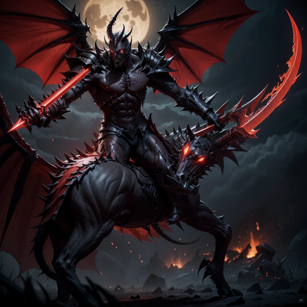 Demon, Aatrox LEAGUE OF LEGENDS, dark sides, mounted in a big phantom horse, fighting with leviatan, red color skin, alone, dark theme, with armor full of spike, biggest sword, dark fire sword,