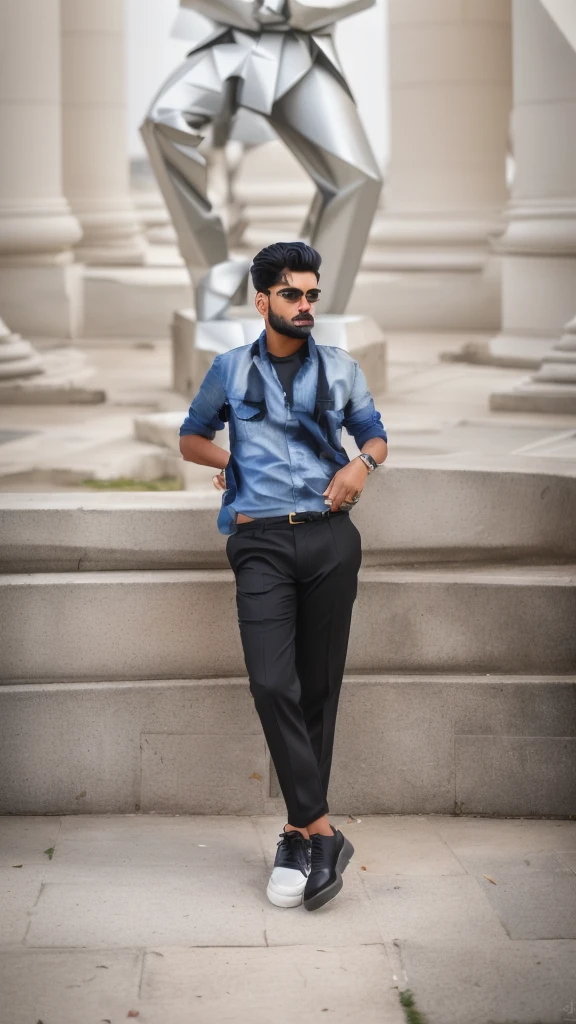 there is a man standing on a sidewalk in front of a large sculpture, candid picture, very artistic pose, full body photogenic shot, taken with sony alpha 9, with accurate face, with a cool pose, candid photo, stylish pose, full body photgraph, jayison devadas style, inspired by Saurabh Jethani, shot on nikon z9