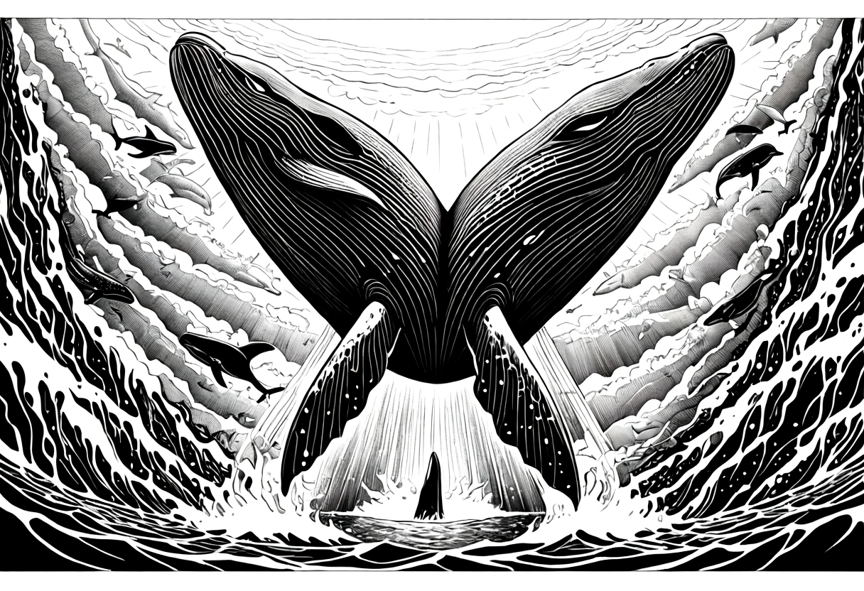 ,Humpback whales,Black and white line drawing,Line Art