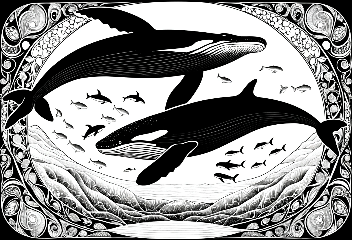 ，Humpback whales，Black and white line drawing，Line Art