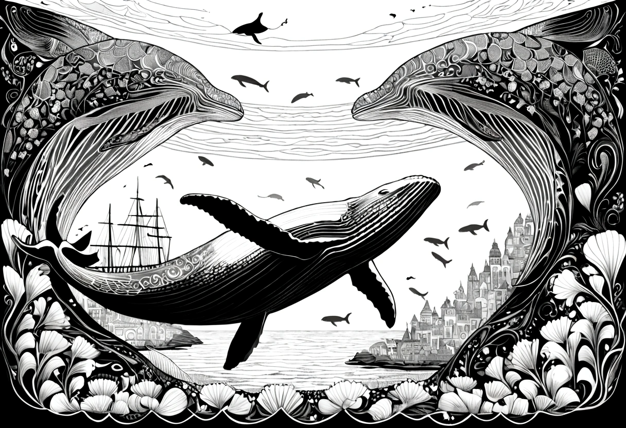 ，Humpback whales，Black and white line drawing，Line Art