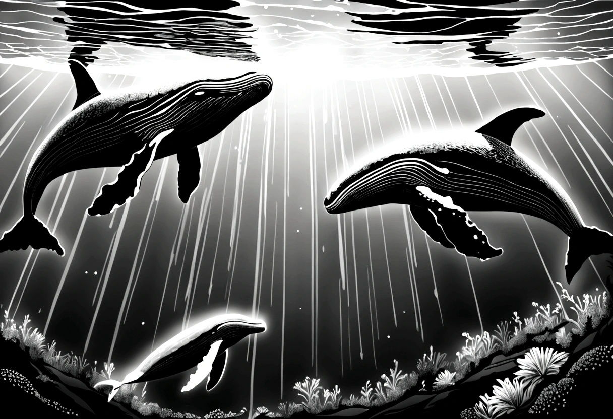 ,Humpback whales,Black and white line drawing,Line Art