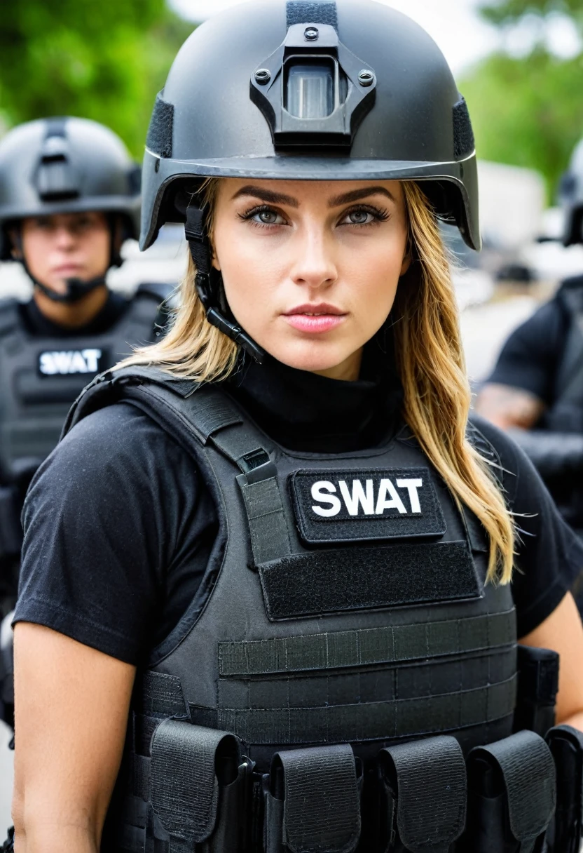 SWAT team, young woman&#39; face, beautiful，a seductive smile，Closeup of page，The long black hair shined brightly with blue highlights...，Concéntrese en los detalles de face，high, White skin, Good hourglass figure，medium round and sagging breasts, Full body photo（real human）natural realism，black police uniform，high resolution。