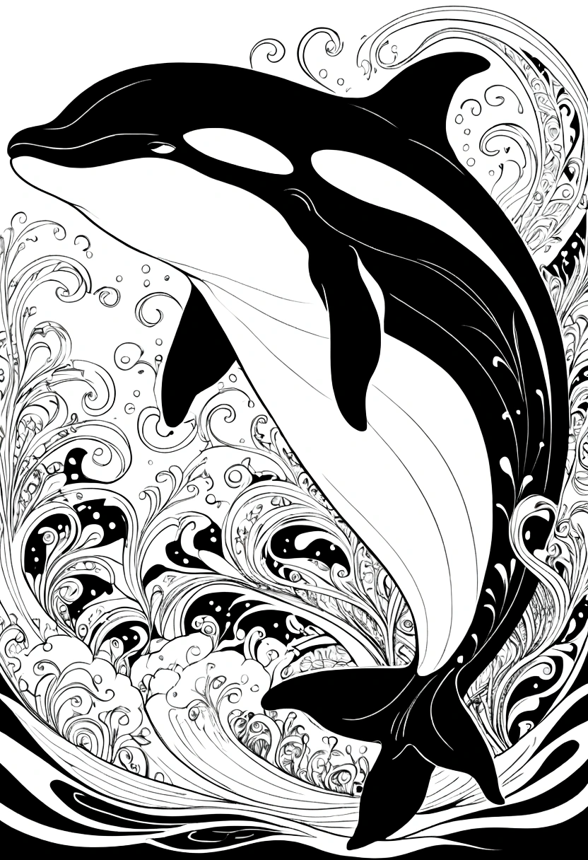killer whale,Black and white line drawing,Line Art